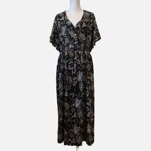 Margaux Riviera Plus Size 1X Black Boho Floral Flowy Button Down Maxi Dress